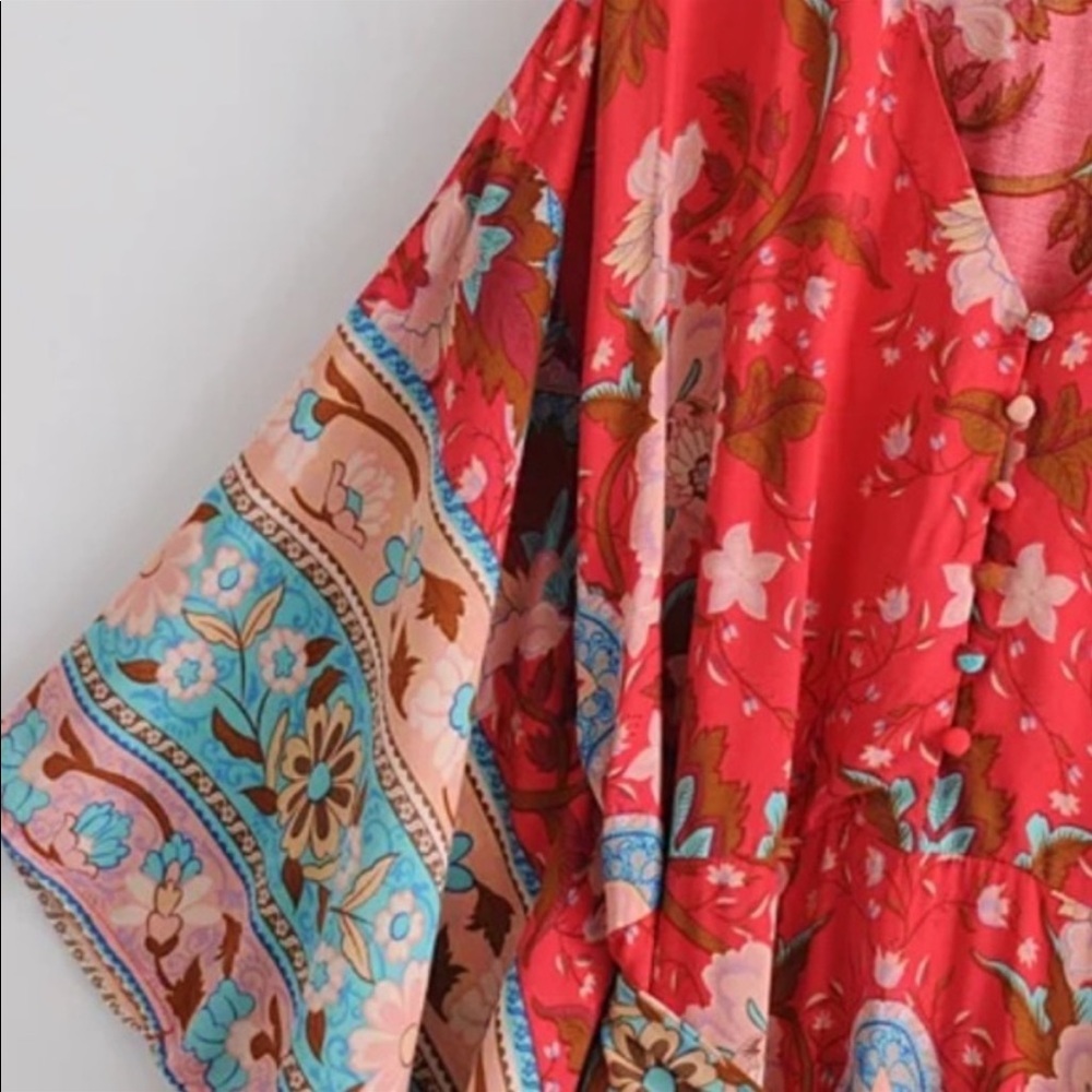 New Boho Cotton Floral Print Kimono Red Maxi Belted Dress - Picture 2 of 5